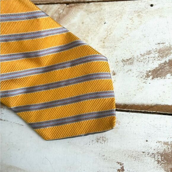 DANIEL CREMIEUX handmade silk tie yellow blue gray stripes men’s necktie EUC - Picture 4 of 10
